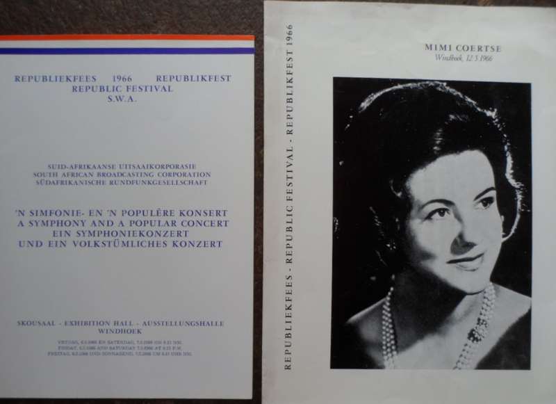 Republiekfees  Windhoek, SWA. 1966. 2 Items. Mimi Coertse. Ge Korsten.