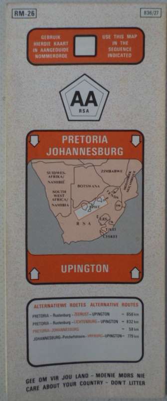 Vintage AA Road Map. RM-26. Pretoria/Johannesburg - Upington.