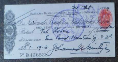 Johannes Meintjes Signature on a cancelled cheque. Oct 1949.