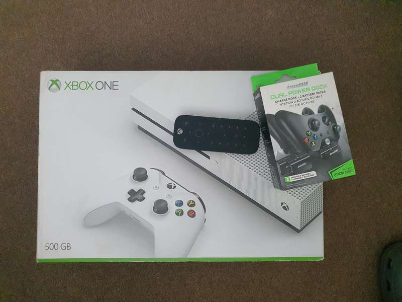 XBox One S 500GiB with Media Remote and Charging Dock and Battery Pack