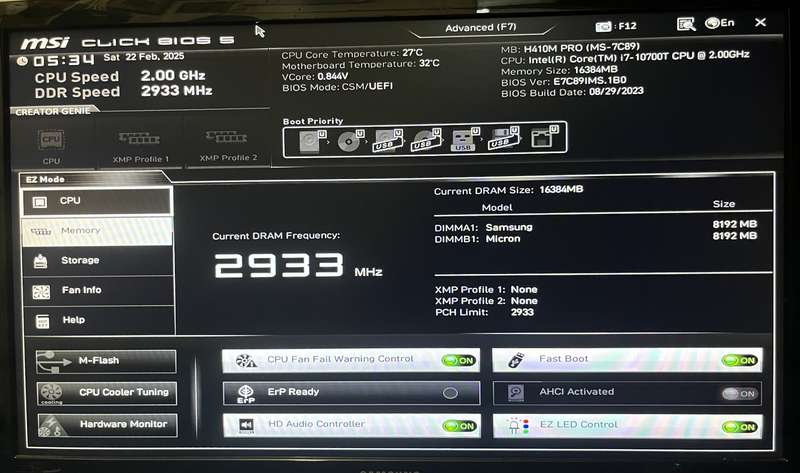 MSI H410M-PRO + INTEL CORE I7 10TH GEN CPU