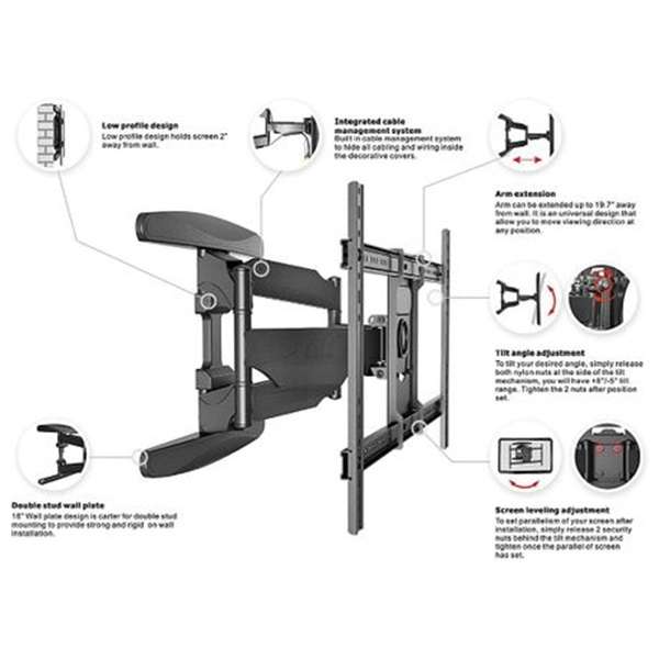 Full Motion Wall Mount Bracket Articulating for 32-60" TV, Black