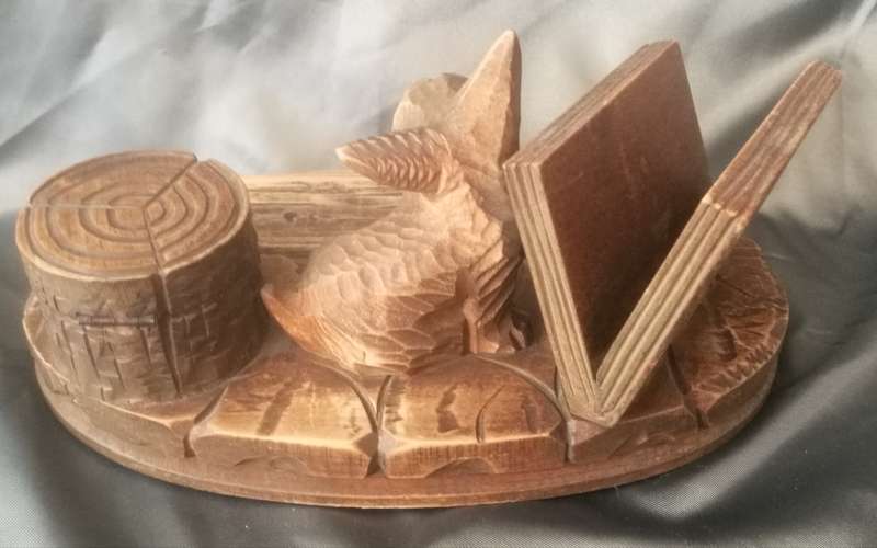 Antique Black Forest Carved Wooden Inkwell Stand