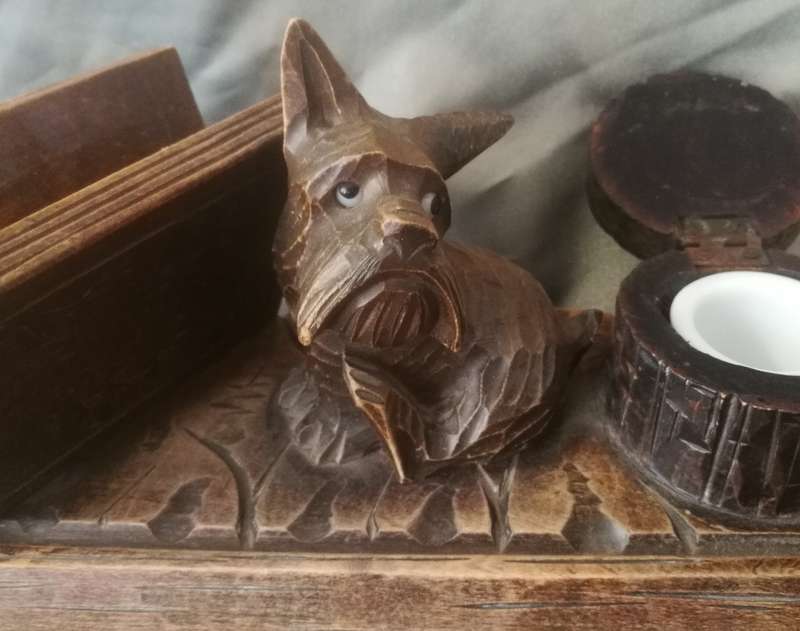 Antique Black Forest Carved Wooden Inkwell Stand