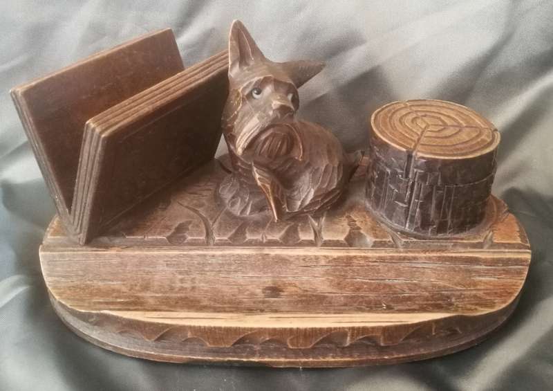 Antique Black Forest Carved Wooden Inkwell Stand