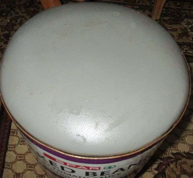NOVELTY TIN SPAR BAKED BEANS STOOL .