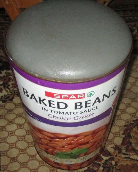 NOVELTY TIN SPAR BAKED BEANS STOOL .