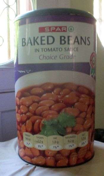 NOVELTY TIN SPAR BAKED BEANS STOOL .