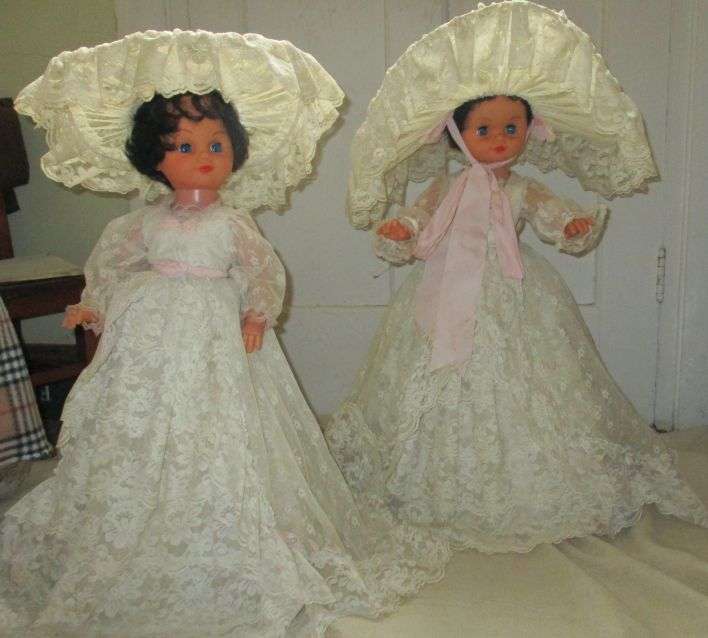LARGE LOVELY TWIN RUBBER DOLLS IN VICTORIAN ATTIRE ---57CM TALL ---1950's ?