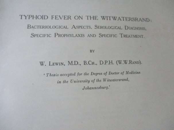 TYPHOID FEVER ON THE WITWATERSRAND - S.A. INSTITUTE FOR MEDICAL RESEARCH ( 1938 )