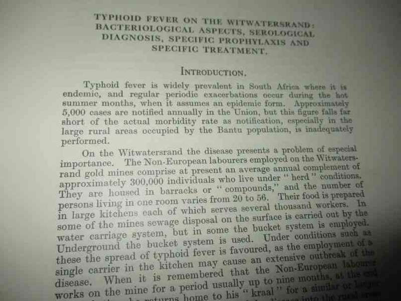 TYPHOID FEVER ON THE WITWATERSRAND - S.A. INSTITUTE FOR MEDICAL RESEARCH ( 1938 )