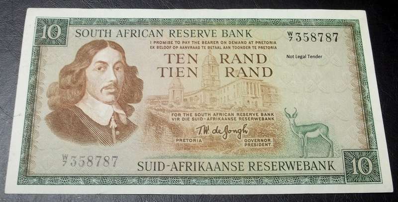 RSA 10 Rand late 1960's(TW de Jongh 1st Issue) - W7 Replacement