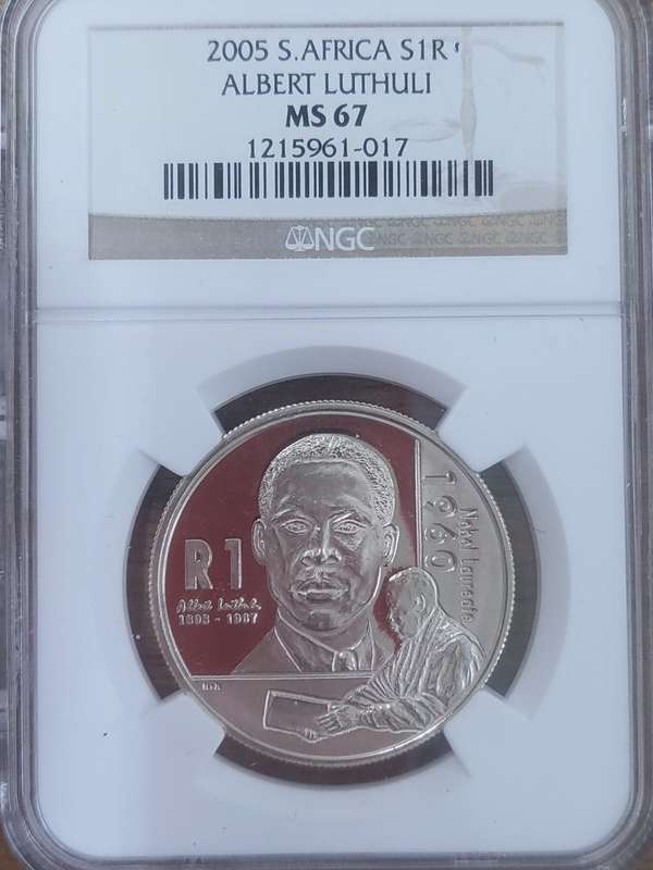 RSA 2005 Silver One rand: Albert Luthuli - NGC MS67: Only 11 Better at NGC - Very Low Mintage: 256