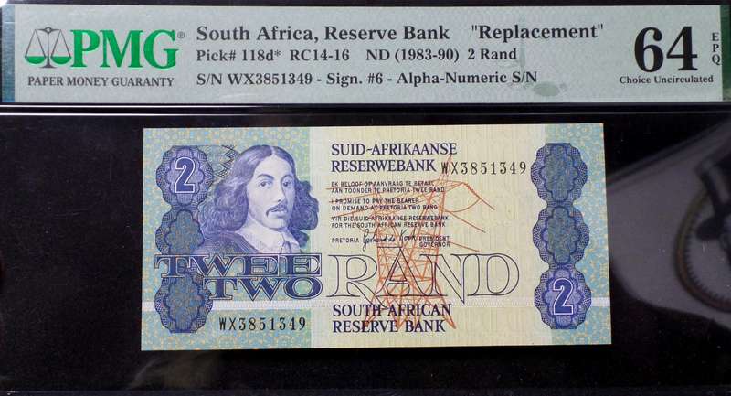 RSA 2 Rand late 1980's(G de Kock 3rd Issue) - WX Replacement - PMG UNC64