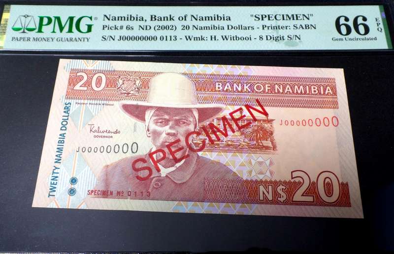 Namibia 20 Dollars ND(2002) - PMG 66 Gem UNC *SPECIMEN* - TOP POP