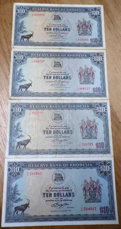 *R1 Auction* Rhodesia 10 Dollars 1973, 1975, 1976, 1979