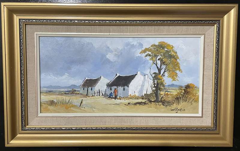 ORIGINAL BY WELL KNOWN SA ARTIST - LOUIS SMIT - CAPE HOUSES - OIL ON CANVAS ON BOARD DATED 1989