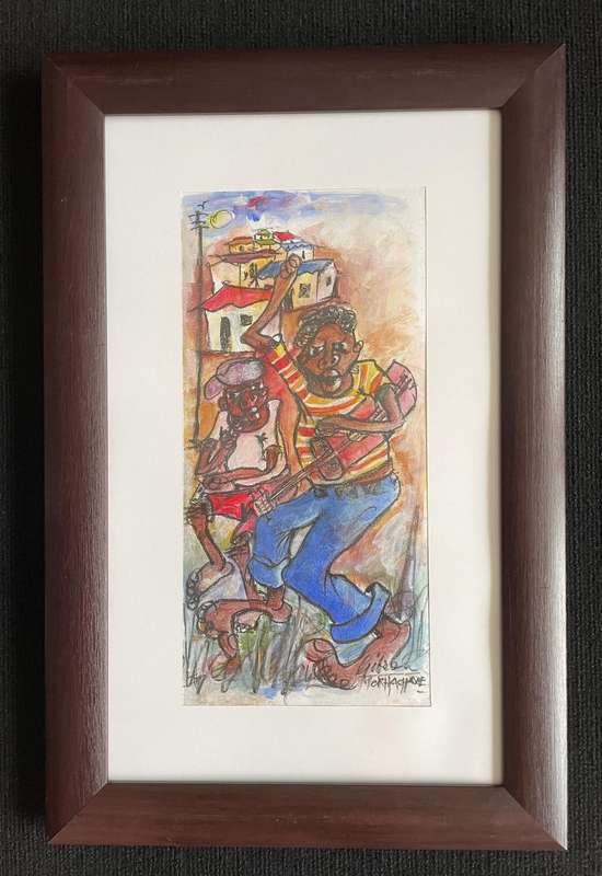 ORIGINAL GIBSON MOKHACHANE - MIXED MEDIA - FLUTE AND GUITAR PLAYERS - SIGNED AND FRAMED