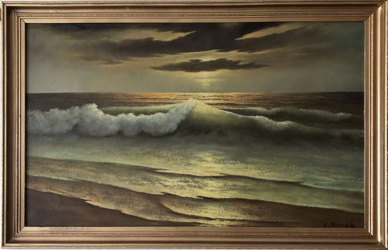 ORIGINAL - E KORUB - OIL PAINTING IN GOLD FRAME -  SEA SCAPE