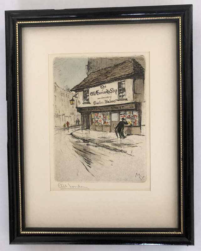 ORIGINAL SIGNED COLOURED ETCHING - THE OLD CURIOSITY SHOP - OLD LONDON BEHIND GLASS