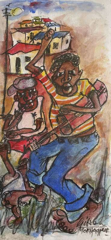 ORIGINAL GIBSON MOKHACHANE - MIXED MEDIA - FLUTE AND GUITAR PLAYERS - SIGNED AND FRAMED