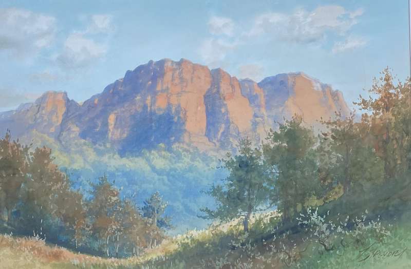 FAMOUS IRISH ARTIST - GEORGE TREVOR - ORIGINAL WATERCOLOR - BUTTRESS OF TABLE MOUNTAIN SOUTH AFRICA
