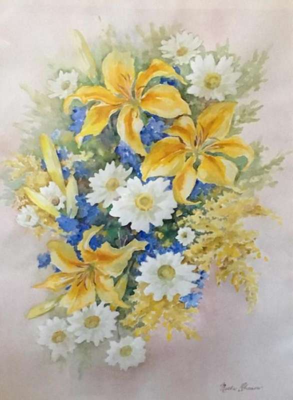 ORIGINAL NELLIE SHEARER - WATER COLOUR IN GOLD FRAME BEHIND GLASS