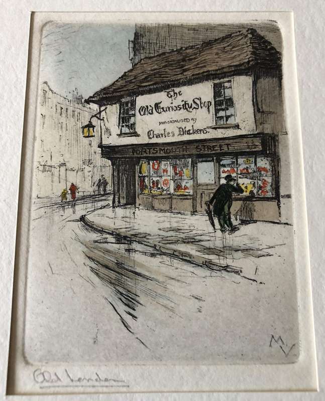 ORIGINAL SIGNED COLOURED ETCHING - THE OLD CURIOSITY SHOP - OLD LONDON BEHIND GLASS