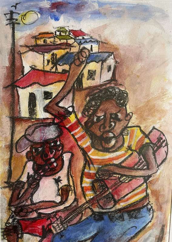 ORIGINAL GIBSON MOKHACHANE - MIXED MEDIA - FLUTE AND GUITAR PLAYERS - SIGNED AND FRAMED