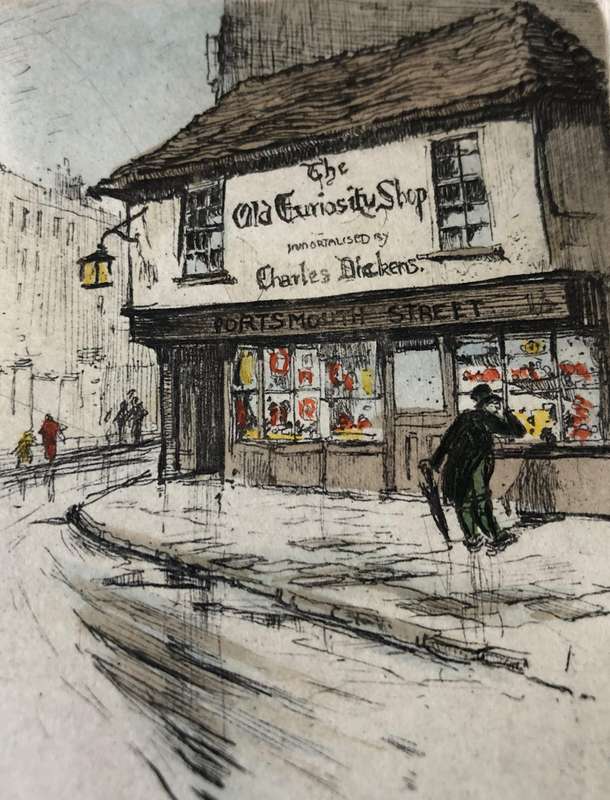 ORIGINAL SIGNED COLOURED ETCHING - THE OLD CURIOSITY SHOP - OLD LONDON BEHIND GLASS