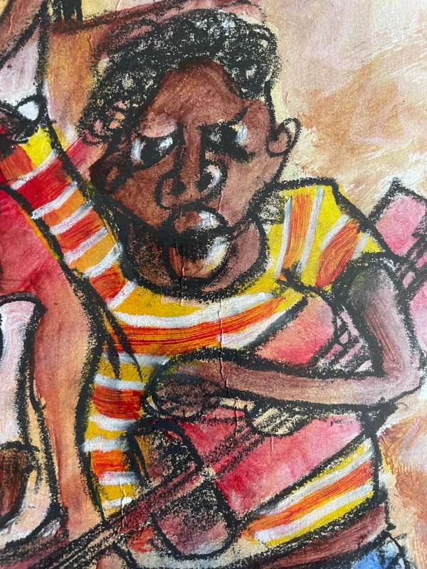 ORIGINAL GIBSON MOKHACHANE - MIXED MEDIA - FLUTE AND GUITAR PLAYERS - SIGNED AND FRAMED