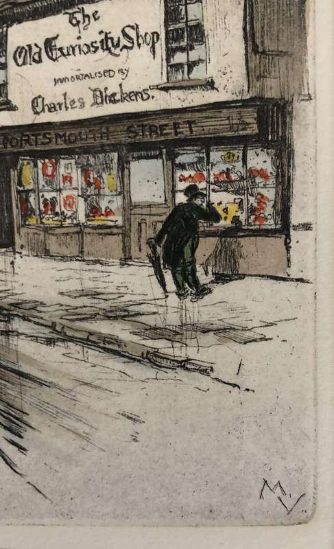 ORIGINAL SIGNED COLOURED ETCHING - THE OLD CURIOSITY SHOP - OLD LONDON BEHIND GLASS