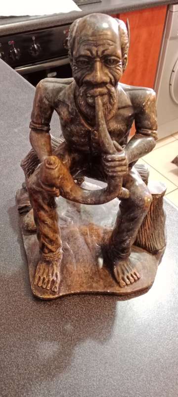 Vintage Art Sculpture Black Soapstone Heavy Carved Figurine Man Smoking Pipe