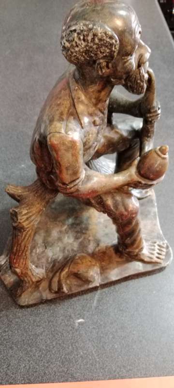 Vintage Art Sculpture Black Soapstone Heavy Carved Figurine Man Smoking Pipe