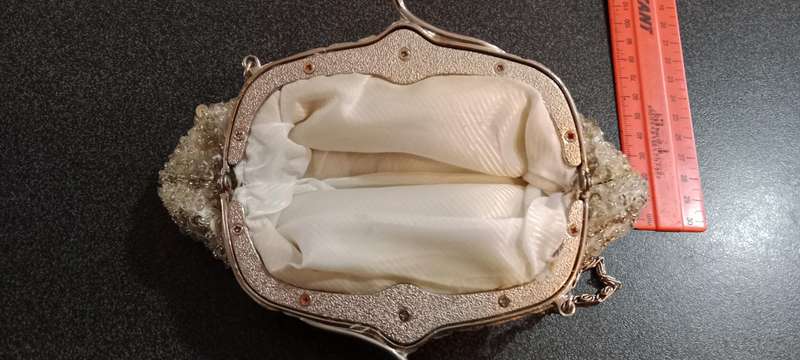 Vintage 1950s Fine Arts Bag White Purse with Iridescent Beads Hong Kong