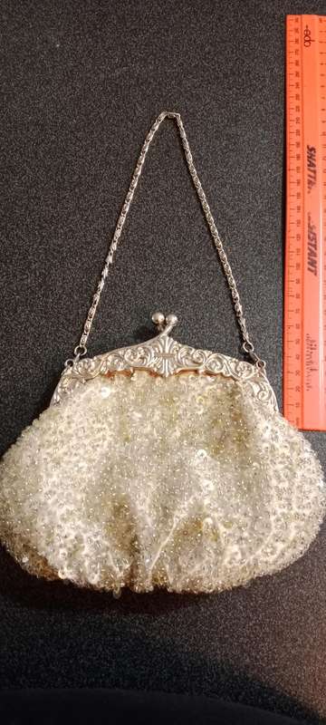Vintage 1950s Fine Arts Bag White Purse with Iridescent Beads Hong Kong