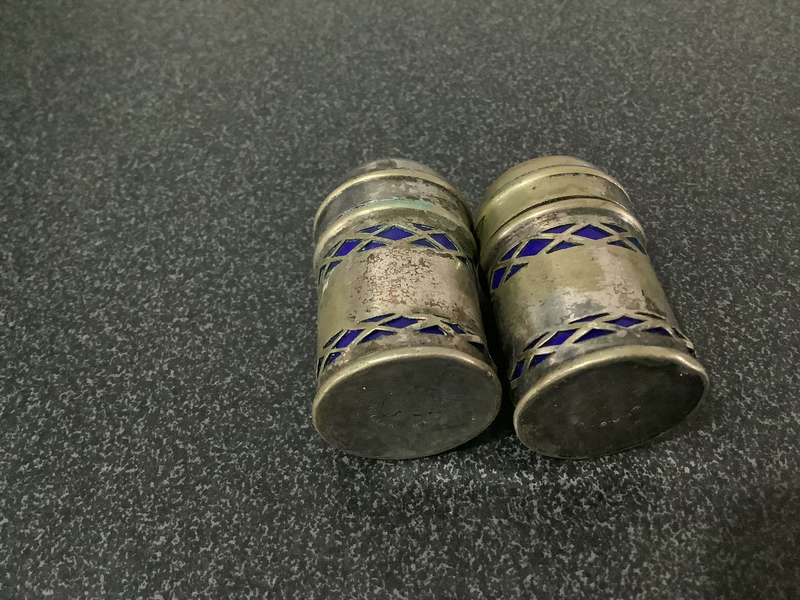 Vintage Salt & Pepper Shakers Cobalt Blue Glass Silver Plated