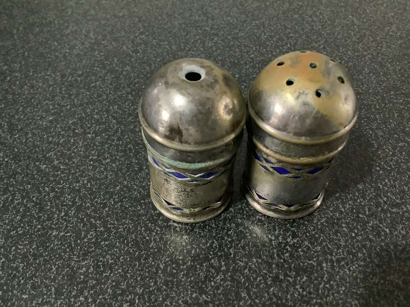 Vintage Salt & Pepper Shakers Cobalt Blue Glass Silver Plated