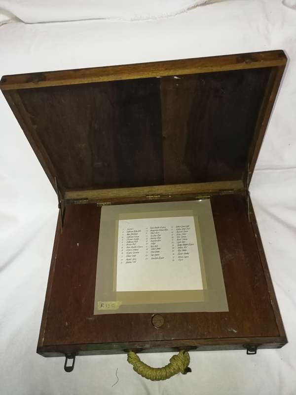 Antique Old Wooden Carved Brass hinged Work Multi Compartment Artists Box with drawing board lid