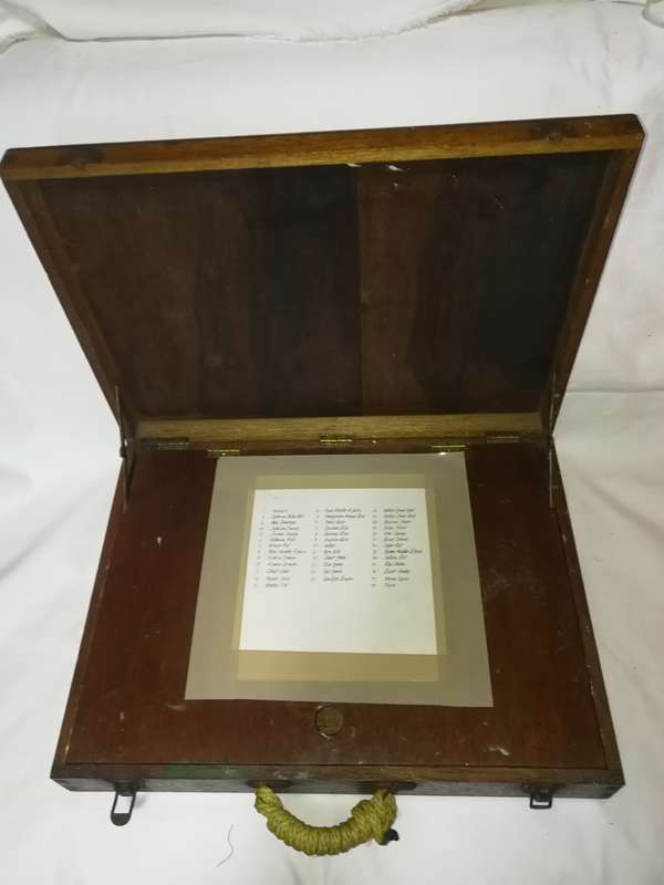 Antique Old Wooden Carved Brass hinged Work Multi Compartment Artists Box with drawing board lid
