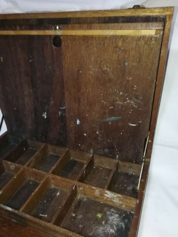 Antique Old Wooden Carved Brass hinged Work Multi Compartment Artists Box with drawing board lid