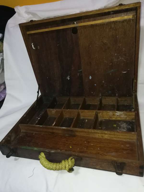 Antique Old Wooden Carved Brass hinged Work Multi Compartment Artists Box with drawing board lid