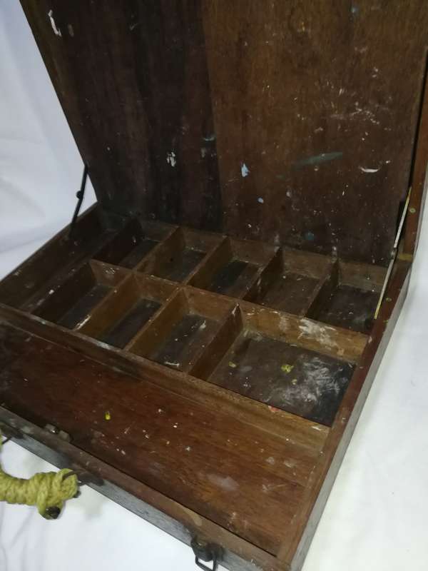 Antique Old Wooden Carved Brass hinged Work Multi Compartment Artists Box with drawing board lid
