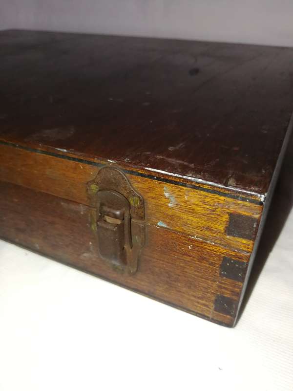 Antique Old Wooden Carved Brass hinged Work Multi Compartment Artists Box with drawing board lid