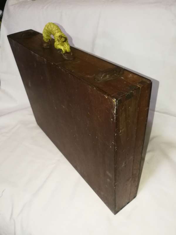 Antique Old Wooden Carved Brass hinged Work Multi Compartment Artists Box with drawing board lid