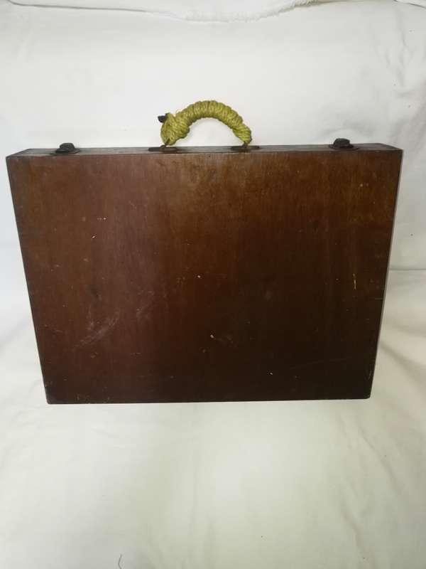 Antique Old Wooden Carved Brass hinged Work Multi Compartment Artists Box with drawing board lid
