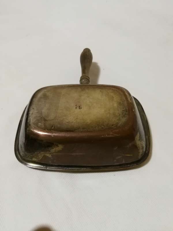 VINTAGE BRASS "EMSS" Hallmarked SILENT BUTLER/CRUMB CATCHER w/Carved Wooden Handle