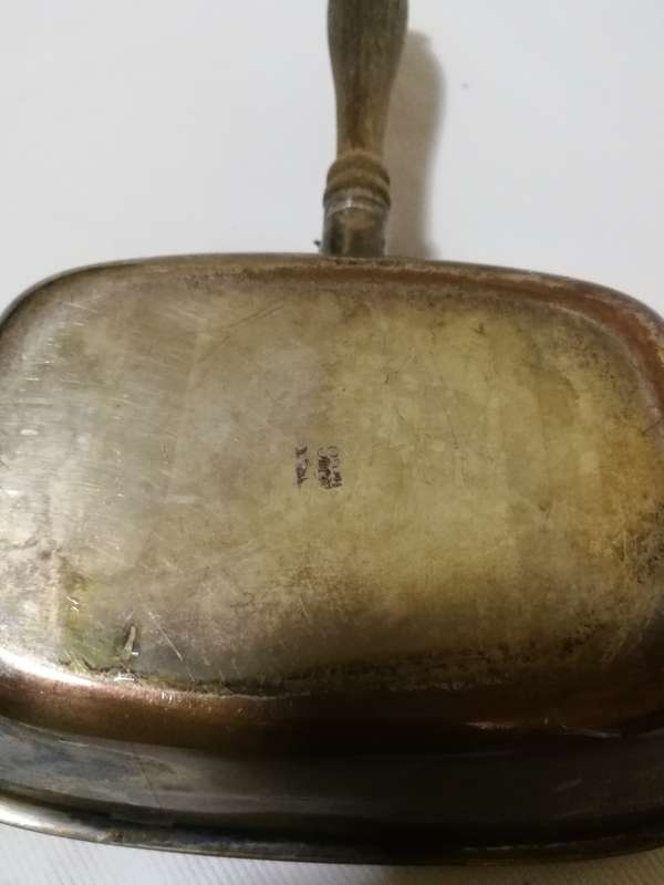 VINTAGE BRASS "EMSS" Hallmarked SILENT BUTLER/CRUMB CATCHER w/Carved Wooden Handle