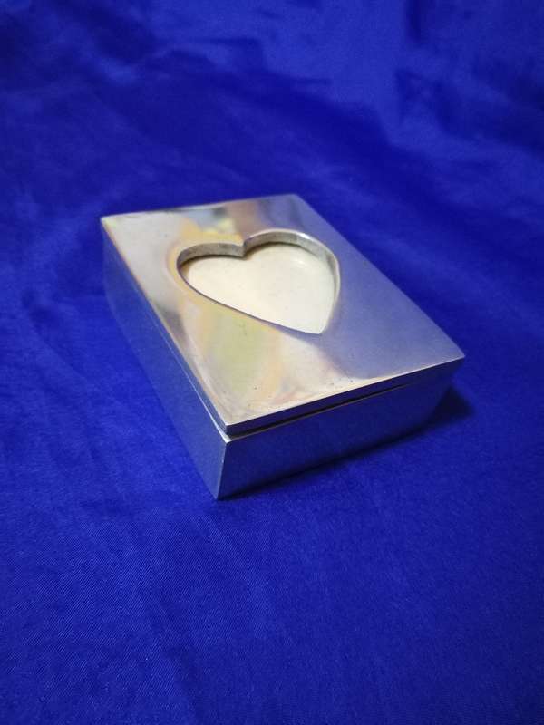 Small Pewter Keepsake box with Heart Shaped Recessed Photo Frame- Vintage