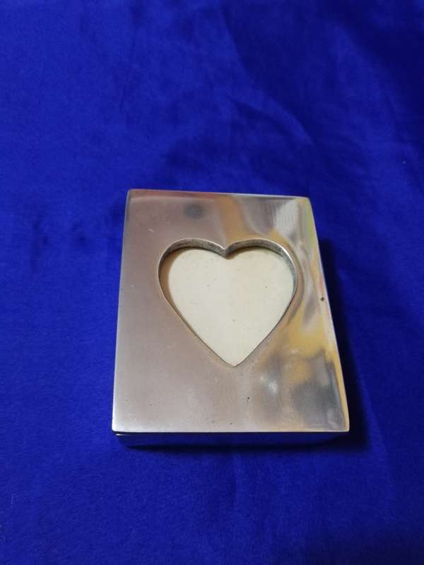 Small Pewter Keepsake box with Heart Shaped Recessed Photo Frame- Vintage